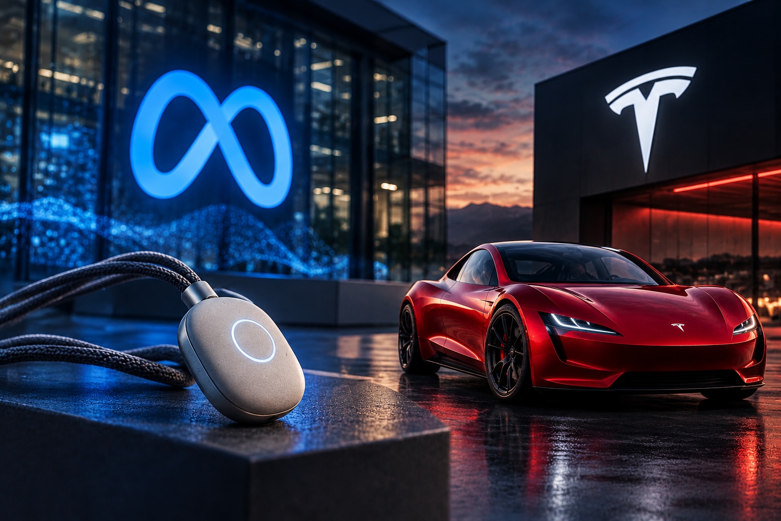 Meta Muse and Tesla Roadster at Dusk