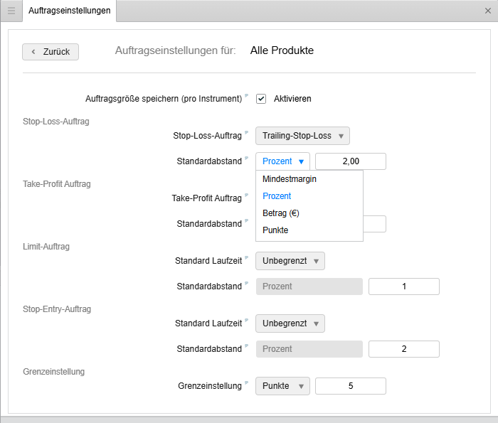 Trailing stop loss Einstellungen
