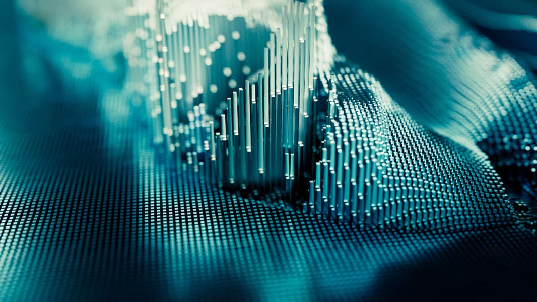 Generative art, packed vertical metallic looking strands of different heights in a blue green colour that look like a landscape